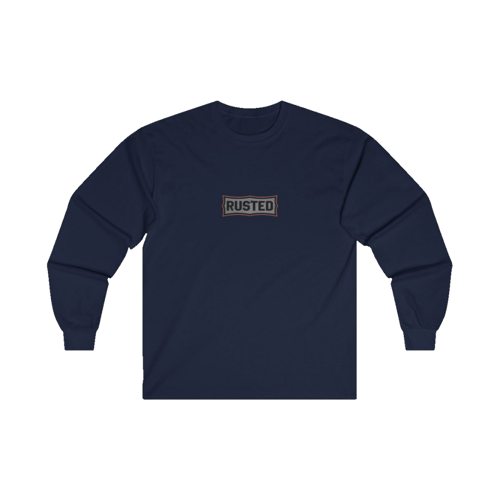 TRUST THE RUST chest badge on a navy long sleeve