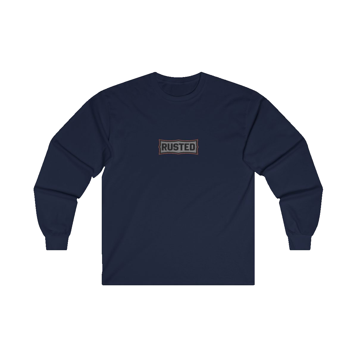 TRUST THE RUST chest badge on a navy long sleeve