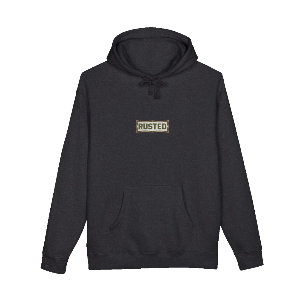 TRUST THE RUST chest badge on a charcoal heather hoodie