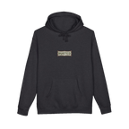TRUST THE RUST chest badge on a charcoal heather hoodie