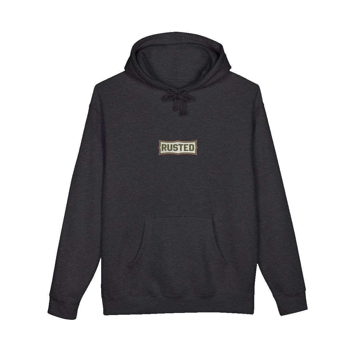 TRUST THE RUST chest badge on a charcoal heather hoodie