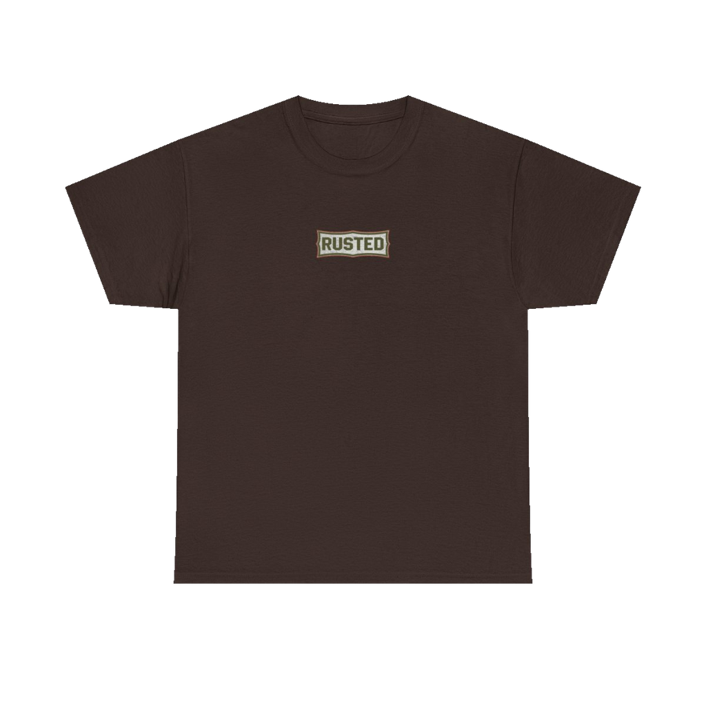 TRUST THE RUST chest badge on a dark chocolate tee