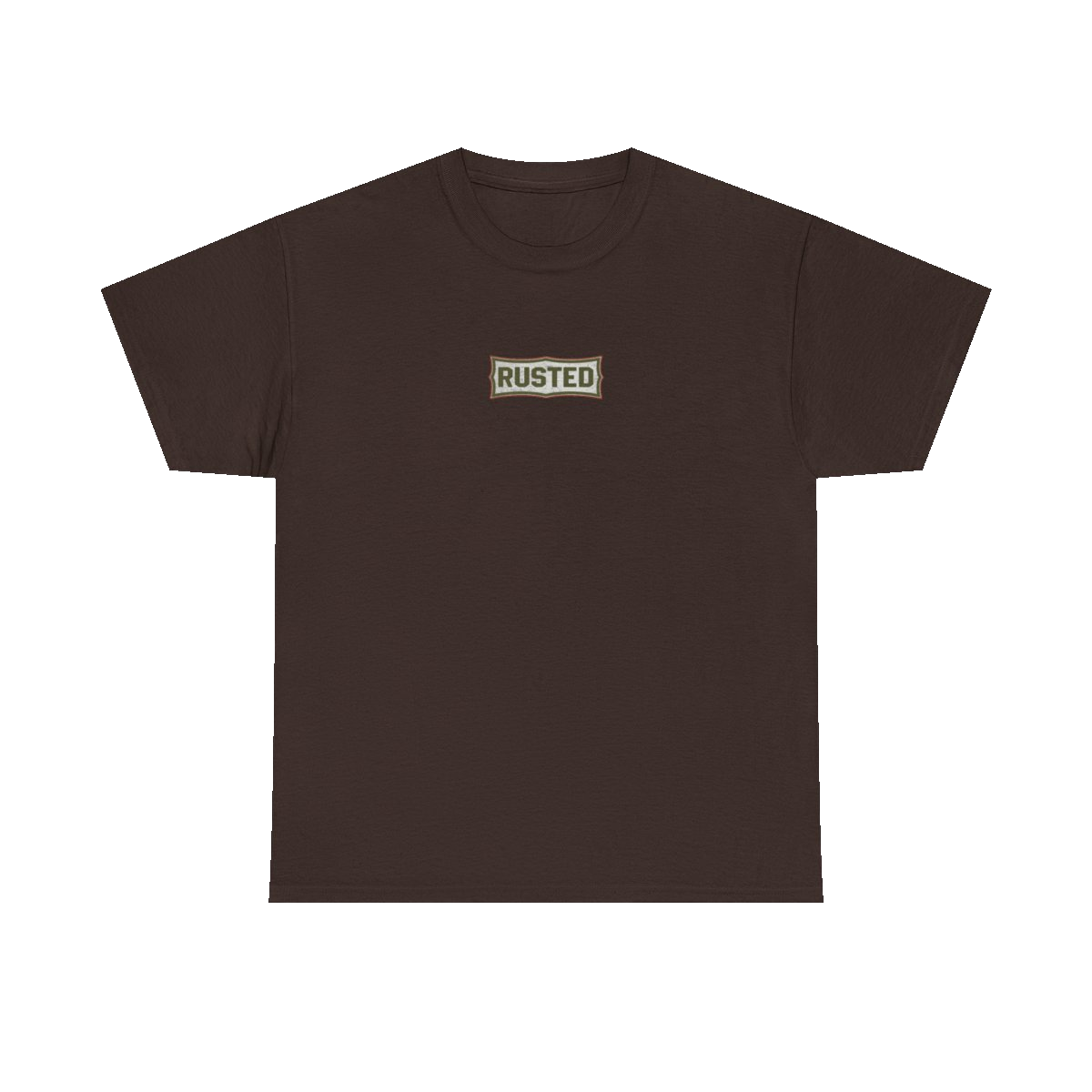 TRUST THE RUST chest badge on a dark chocolate tee