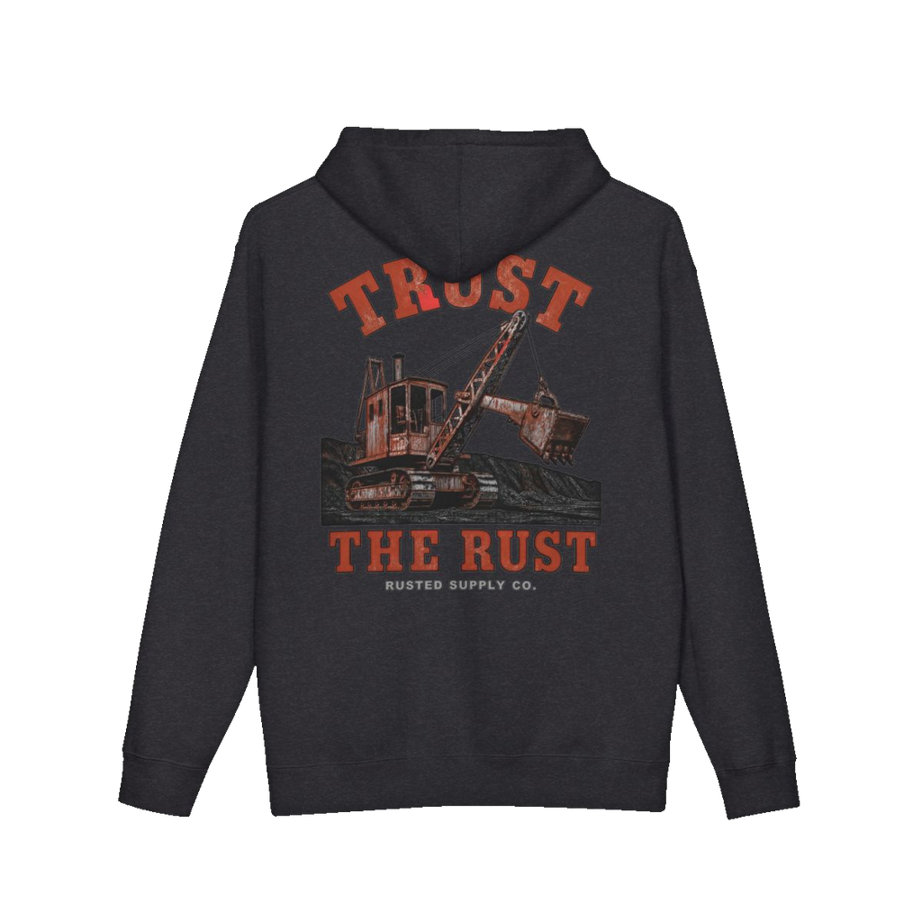 TRUST THE RUST steam shovel back print on a charcoal heather hoodie