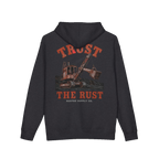 TRUST THE RUST steam shovel back print on a charcoal heather hoodie