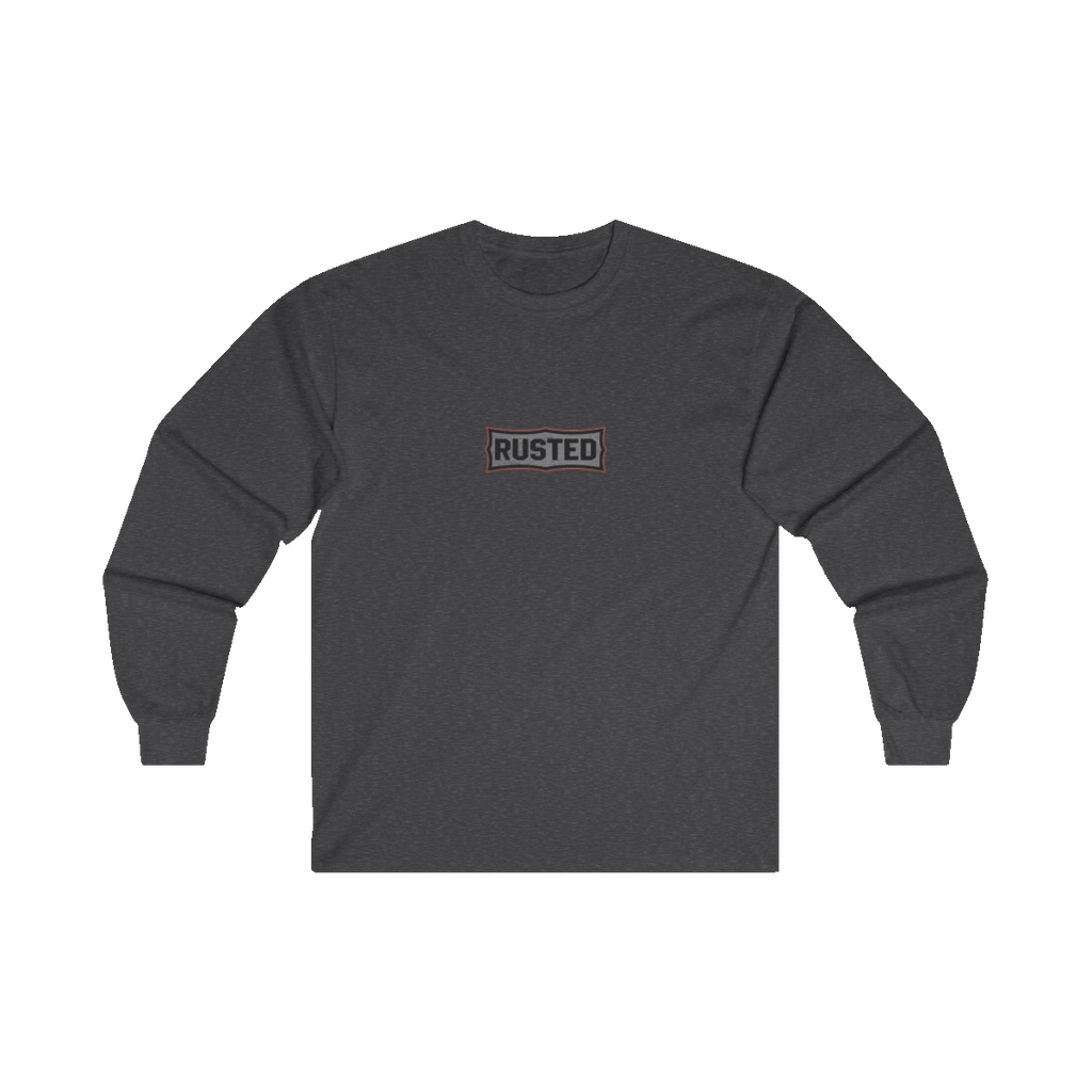 TRUST THE RUST chest badge on a dark heather long sleeve
