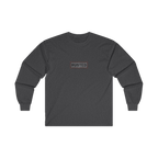 TRUST THE RUST chest badge on a dark heather long sleeve