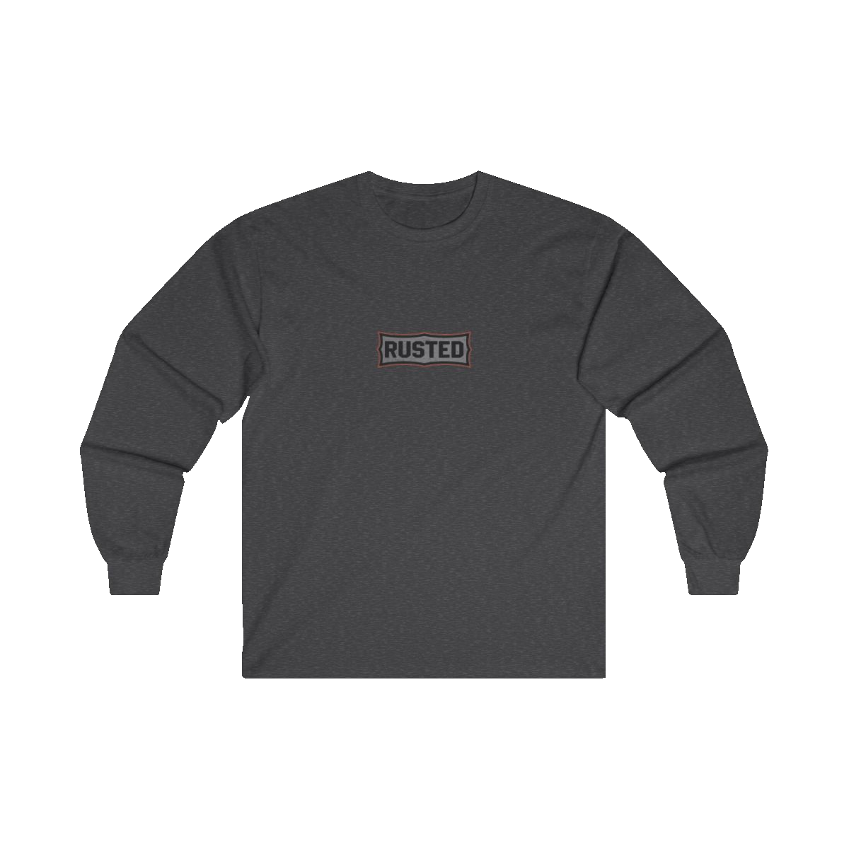 TRUST THE RUST chest badge on a dark heather long sleeve
