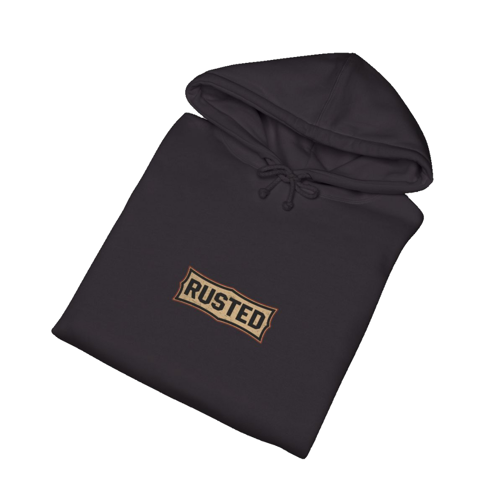 Folded black RESPECT THE IRON crawler crane hoodie
