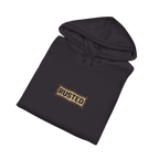 Folded black RESPECT THE IRON crawler crane hoodie