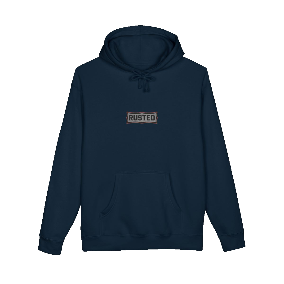 TRUST THE RUST chest badge on a navy hoodie