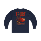 TRUST THE RUST dragline crane back print on a navy long sleeve