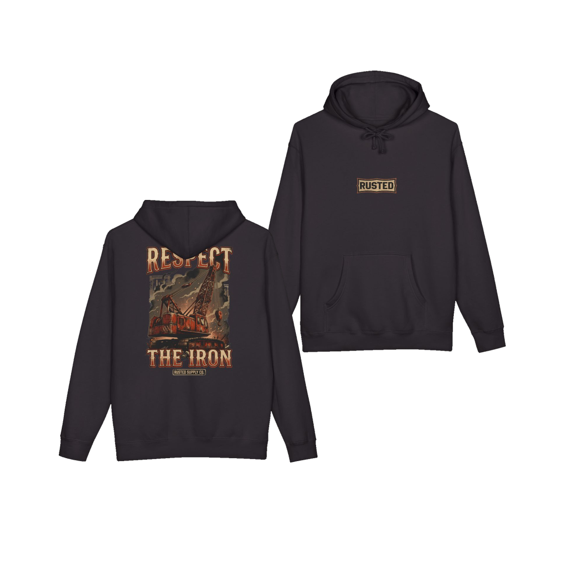 RESPECT THE IRON crawler crane black hoodie, front and back