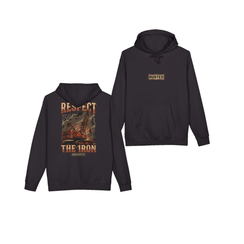 RESPECT THE IRON crawler crane black hoodie, front and back