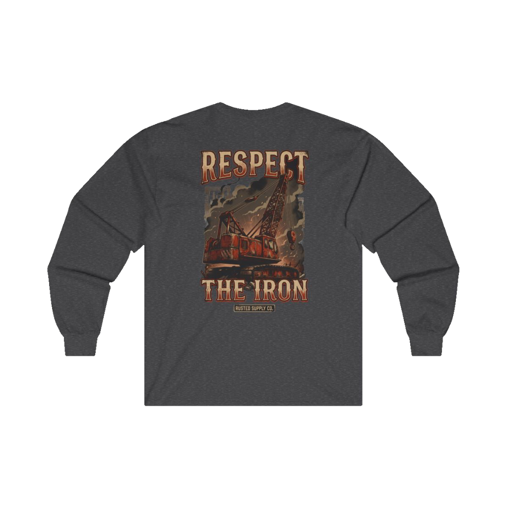 RESPECT THE IRON crawler crane back print on a dark heather long sleeve