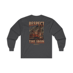 RESPECT THE IRON crawler crane back print on a dark heather long sleeve