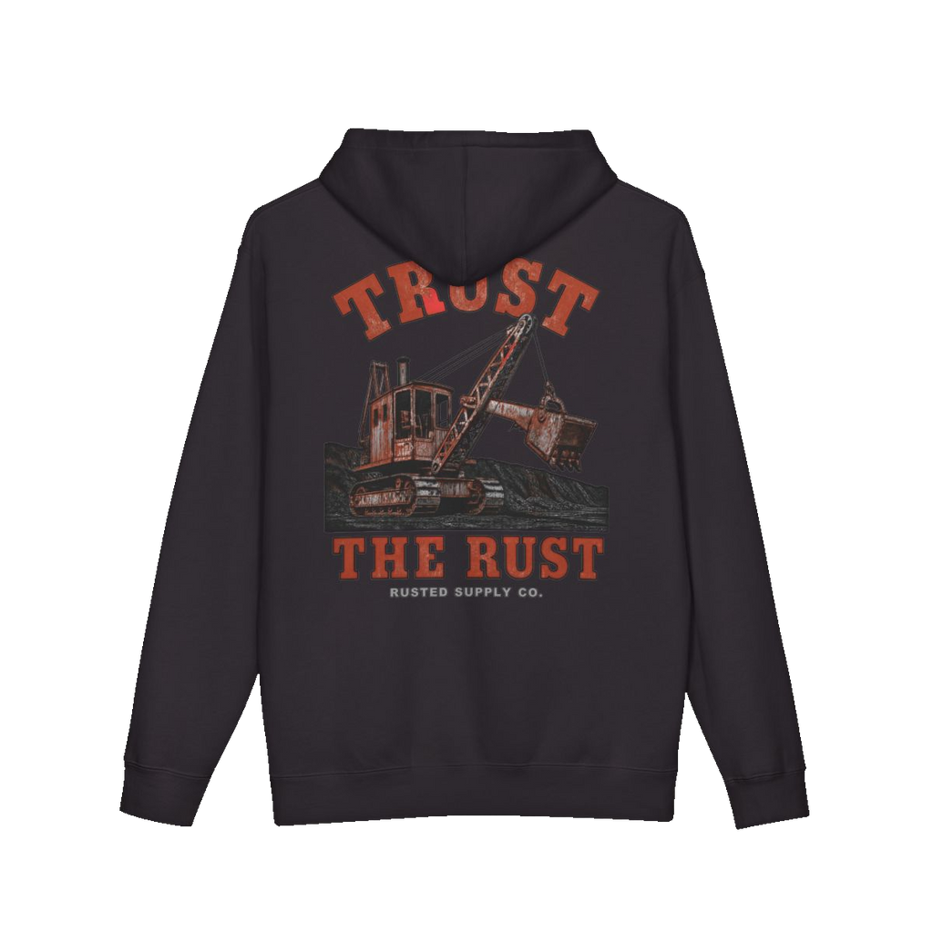 TRUST THE RUST steam shovel back print on a black hoodie
