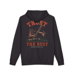 TRUST THE RUST steam shovel back print on a black hoodie