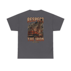 RESPECT THE IRON crawler crane back print on a charcoal tee
