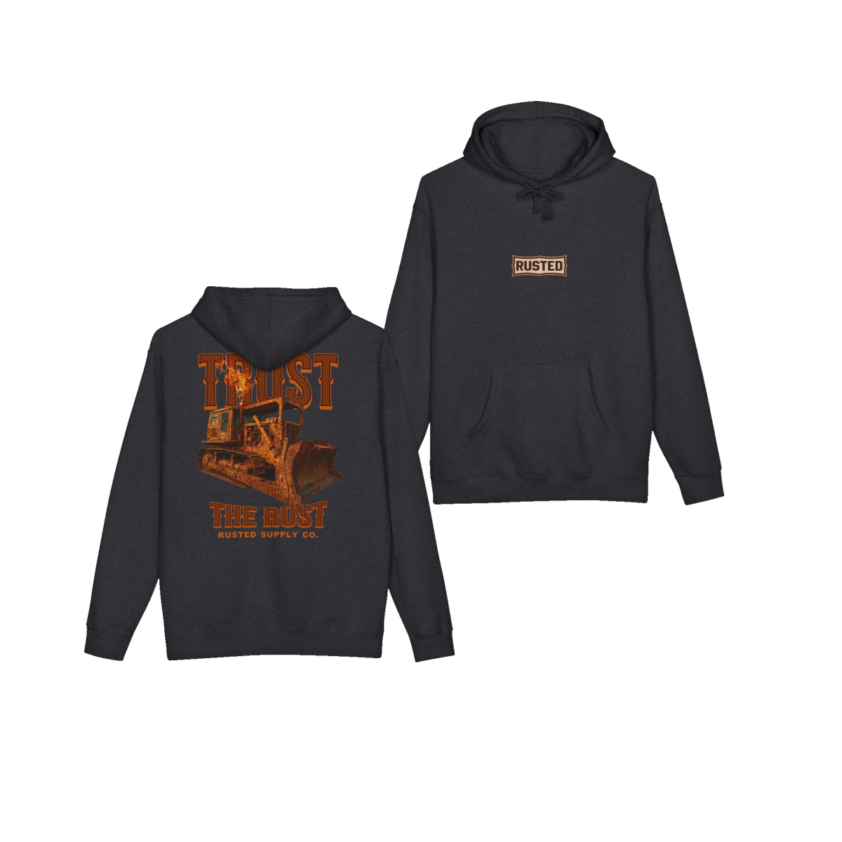 TRUST THE RUST blade dozer charcoal heather hoodie, front and back