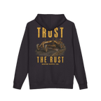 TRUST THE RUST motor grader back print on a black hoodie