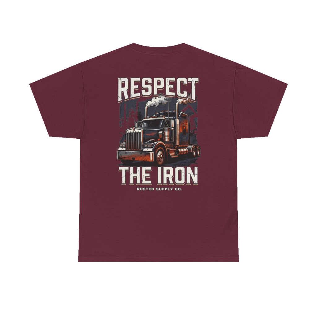 RESPECT THE IRON conventional semi back print on a maroon tee