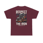 RESPECT THE IRON conventional semi back print on a maroon tee