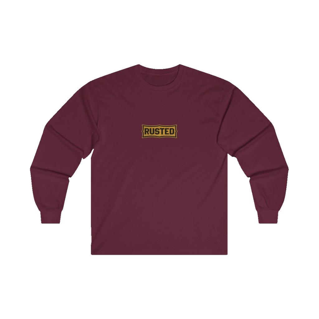 TRUST THE RUST chest badge on a maroon long sleeve