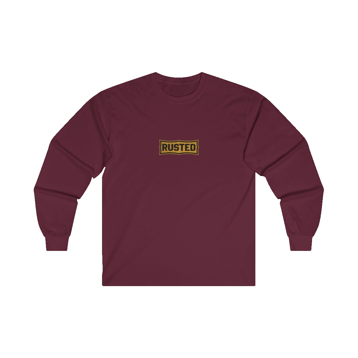 TRUST THE RUST chest badge on a maroon long sleeve