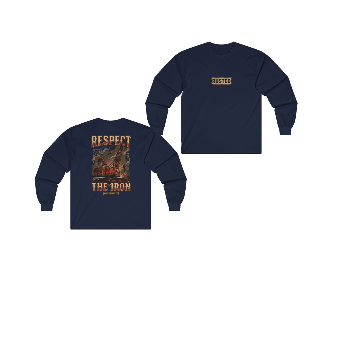 RESPECT THE IRON crawler crane navy long sleeve, front and back