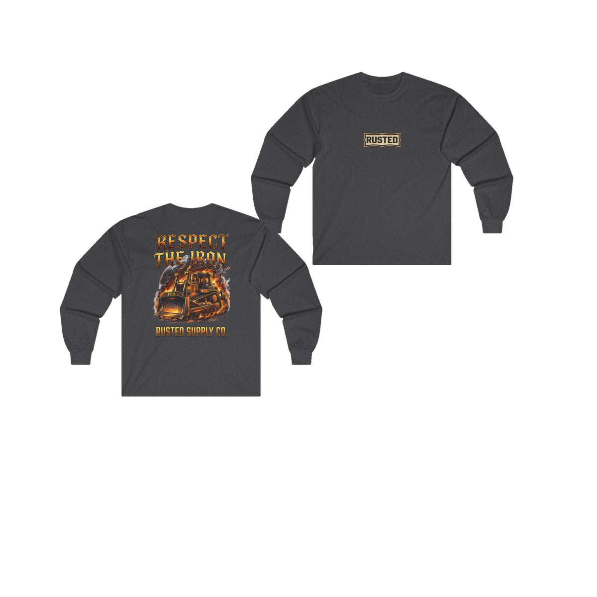 RESPECT THE IRON crawler dozer dark heather long sleeve, front and back