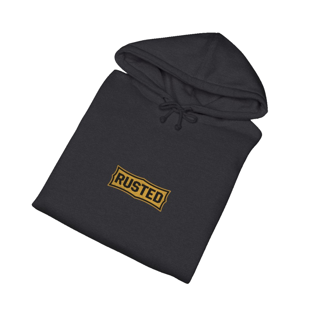 Folded charcoal heather TRUST THE RUST motor grader hoodie