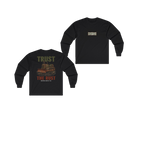 TRUST THE RUST cable dozer black long sleeve, front and back