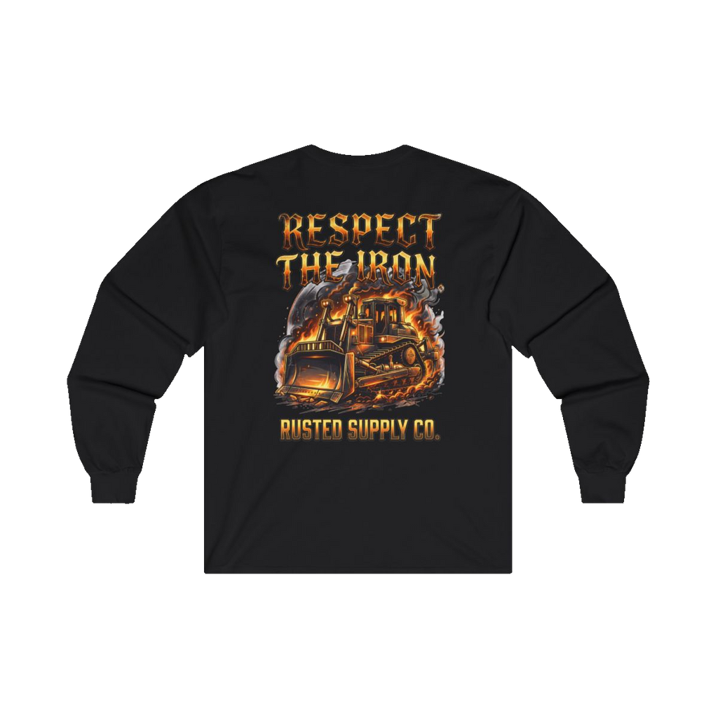 RESPECT THE IRON crawler dozer back print on a black long sleeve