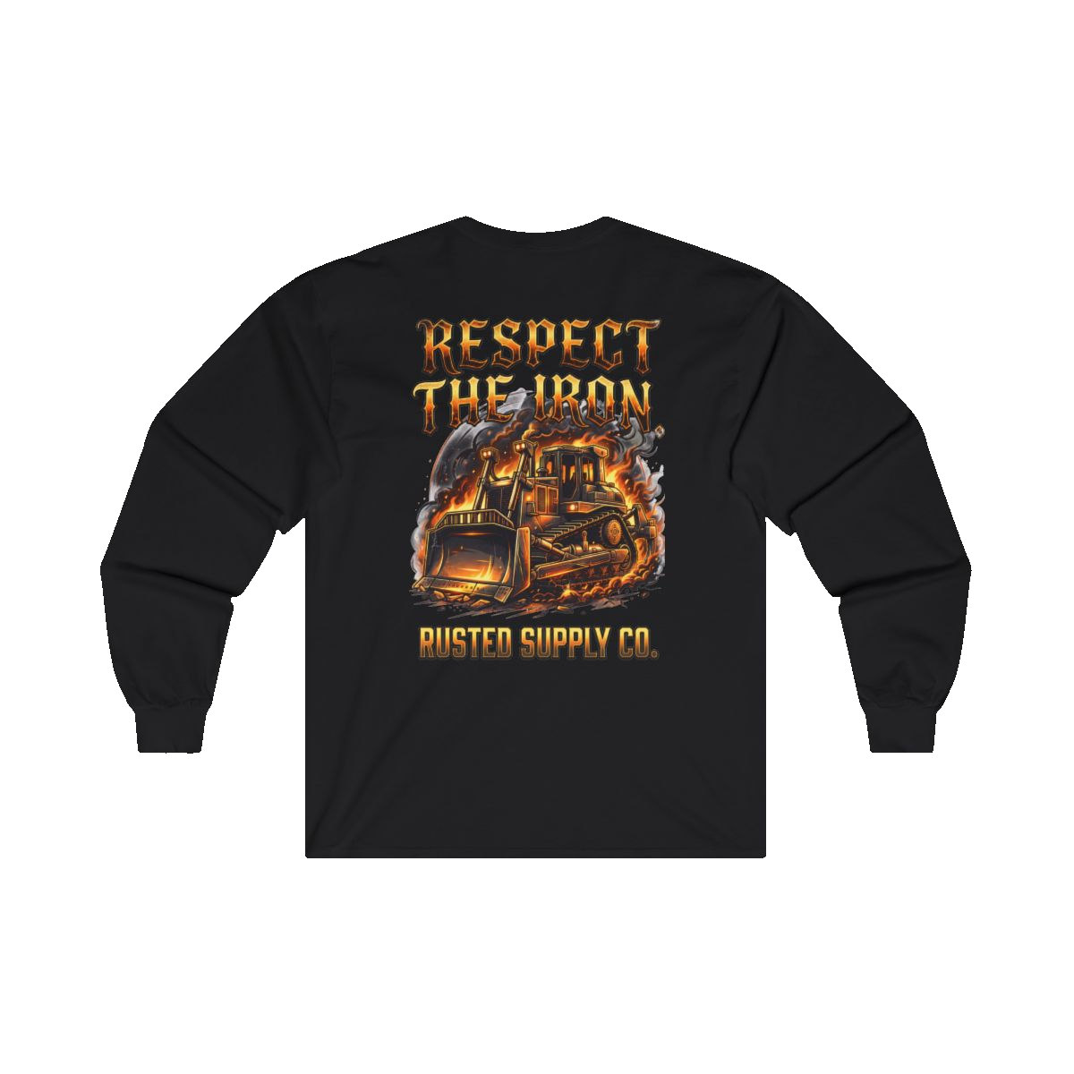 RESPECT THE IRON crawler dozer back print on a black long sleeve