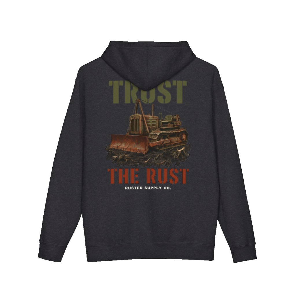TRUST THE RUST cable dozer back print on a charcoal heather hoodie