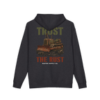 TRUST THE RUST cable dozer back print on a charcoal heather hoodie