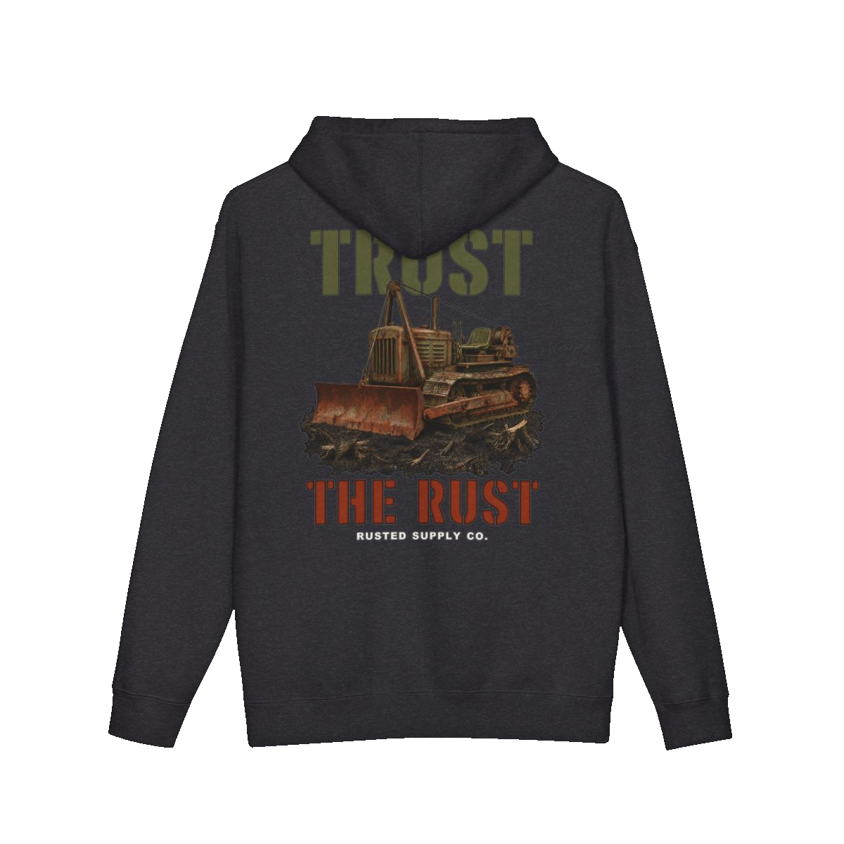TRUST THE RUST cable dozer back print on a charcoal heather hoodie