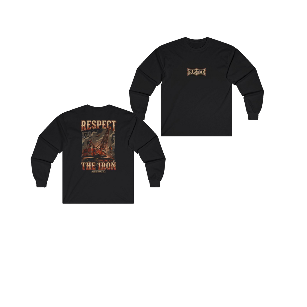 RESPECT THE IRON crawler crane black long sleeve, front and back