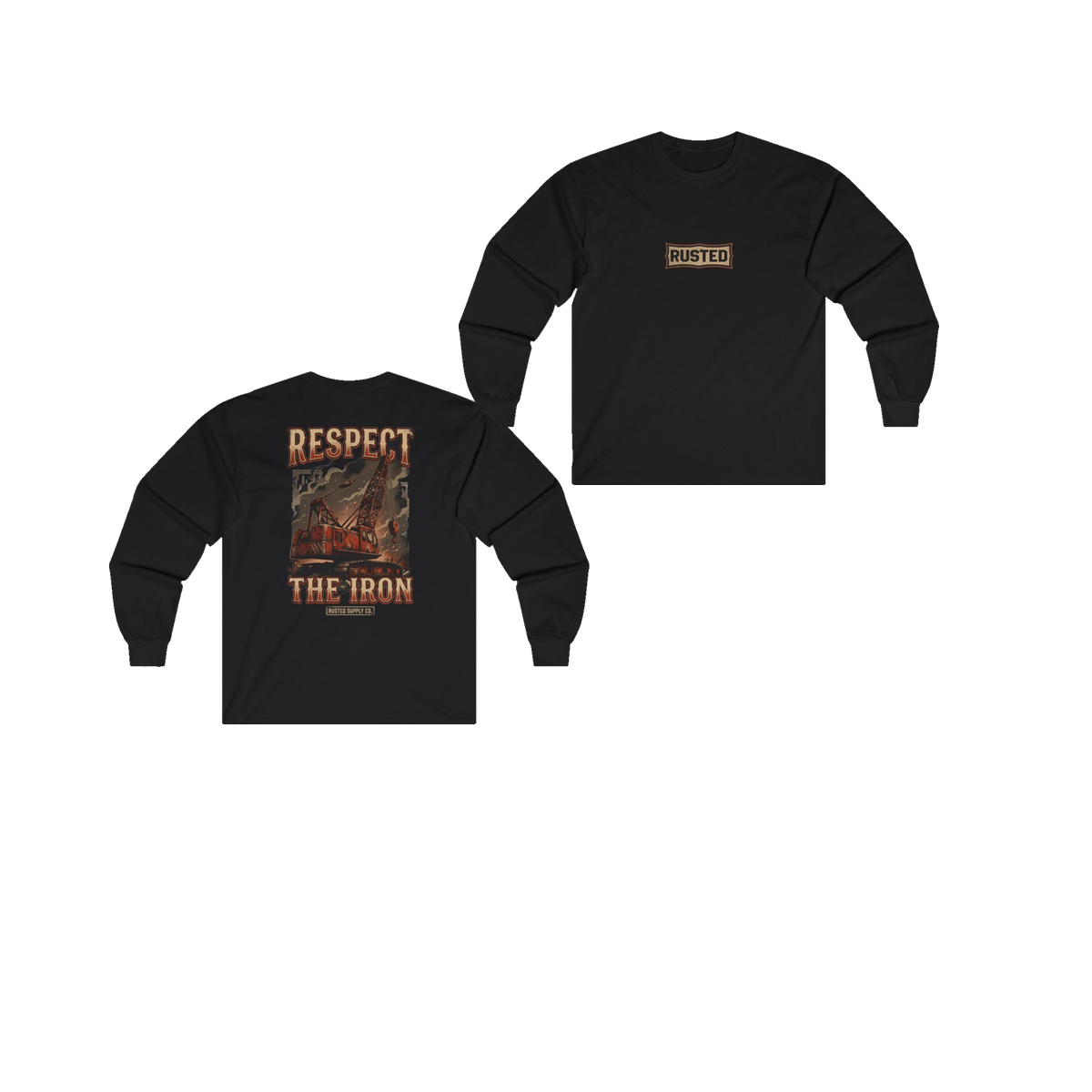 RESPECT THE IRON crawler crane black long sleeve, front and back