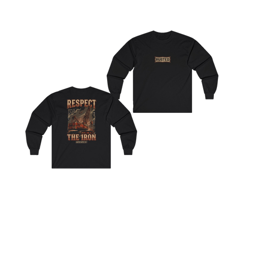 RESPECT THE IRON crawler crane black long sleeve, front and back