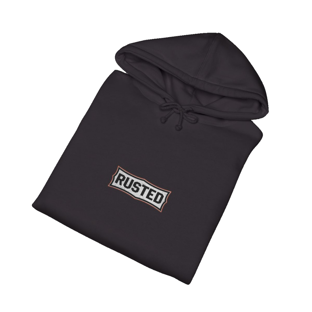 Folded black TRUST THE RUST steam roller hoodie