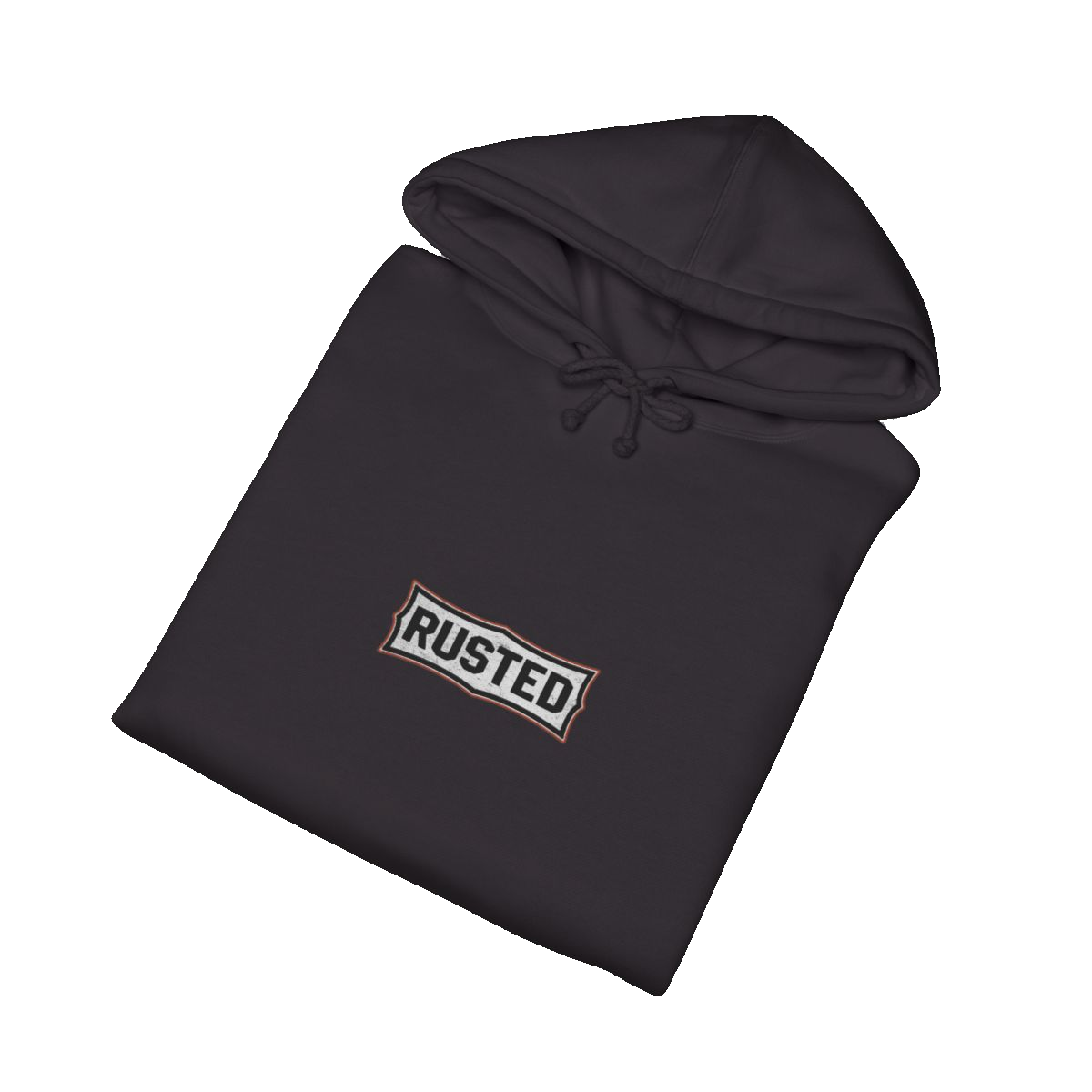 Folded black TRUST THE RUST steam roller hoodie