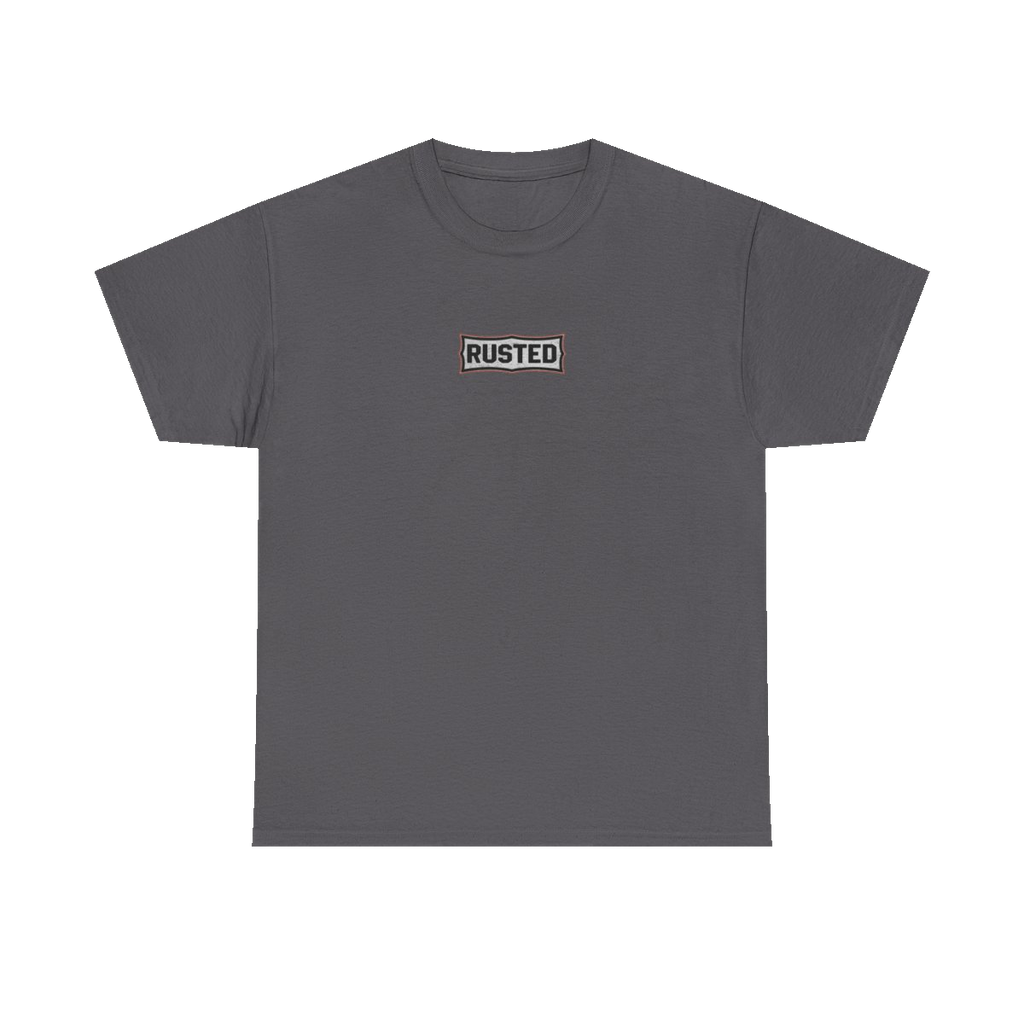 TRUST THE RUST chest badge on a charcoal tee