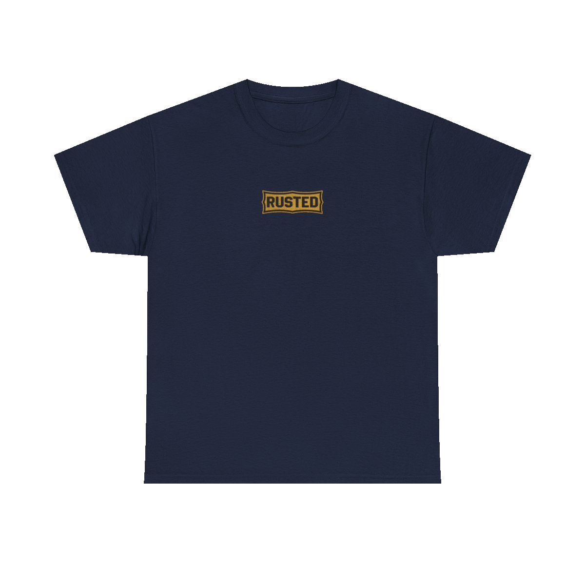 TRUST THE RUST chest badge on a navy tee