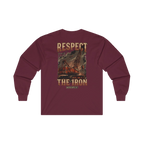 RESPECT THE IRON crawler crane back print on a maroon long sleeve