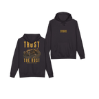 TRUST THE RUST motor grader black hoodie, front and back