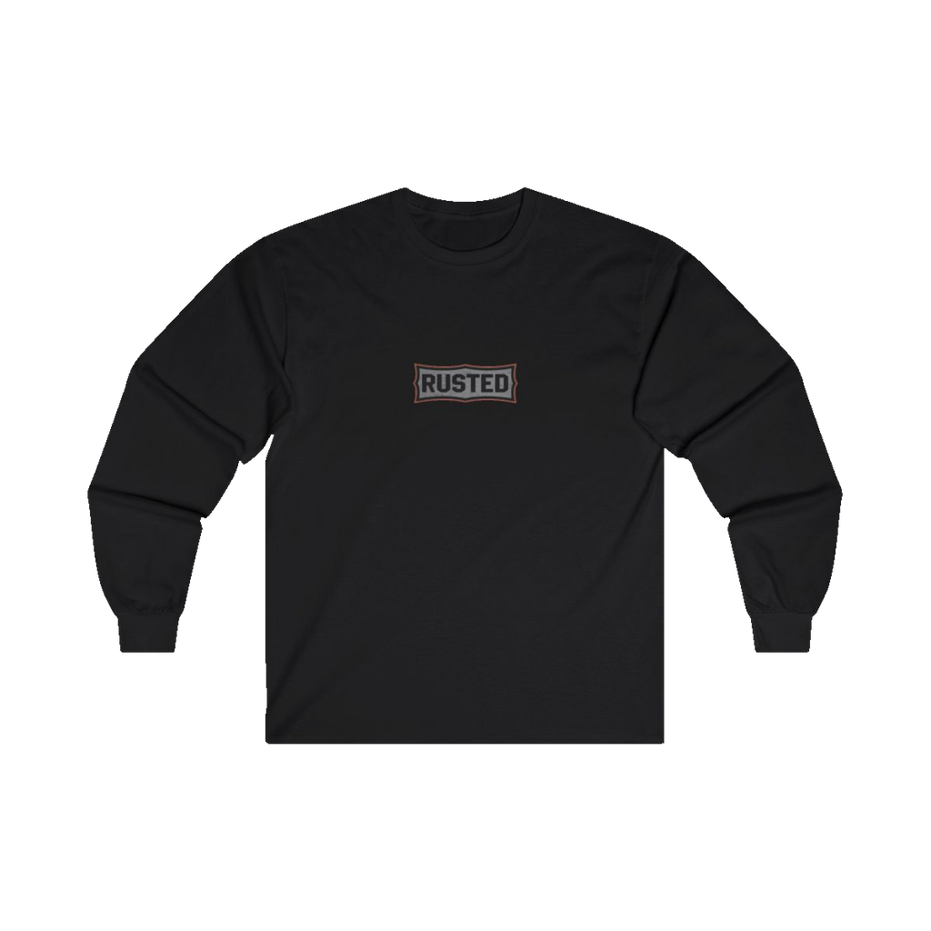 TRUST THE RUST chest badge on a black long sleeve