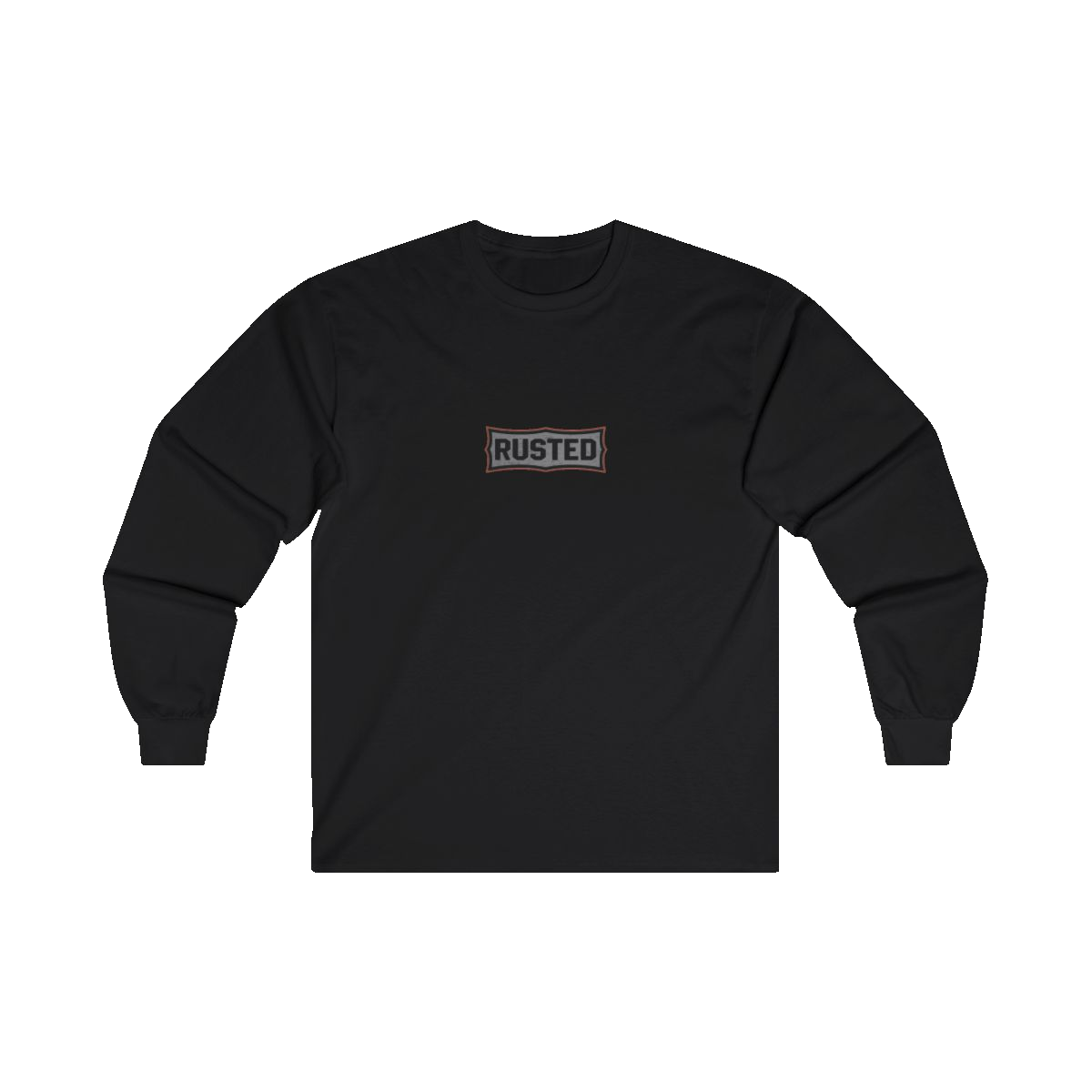 TRUST THE RUST chest badge on a black long sleeve