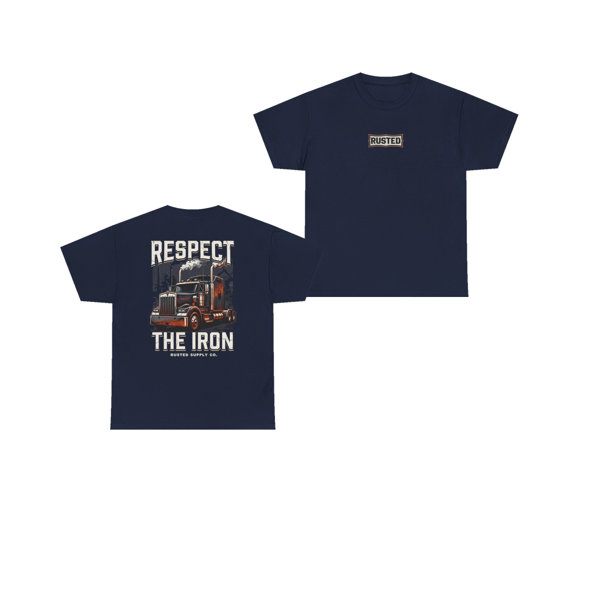 RESPECT THE IRON conventional semi navy tee, front and back